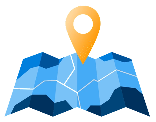 A stylized map with a location marker pinpoints a destination.