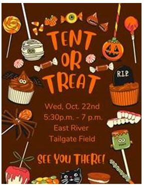 A Halloween-themed poster with candy and treats, advertising a 'Tent or Treat' event.