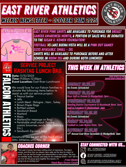 East River Athletics weekly newsletter with Pinktober information and a service project announcement.