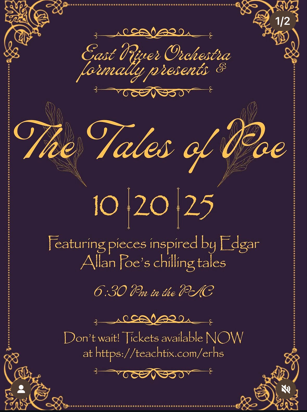 A poster for 'The Tales of Poe' by the East River Orchestra, with event dates.
