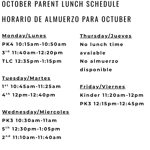 October parent lunch schedule in English and Spanish.