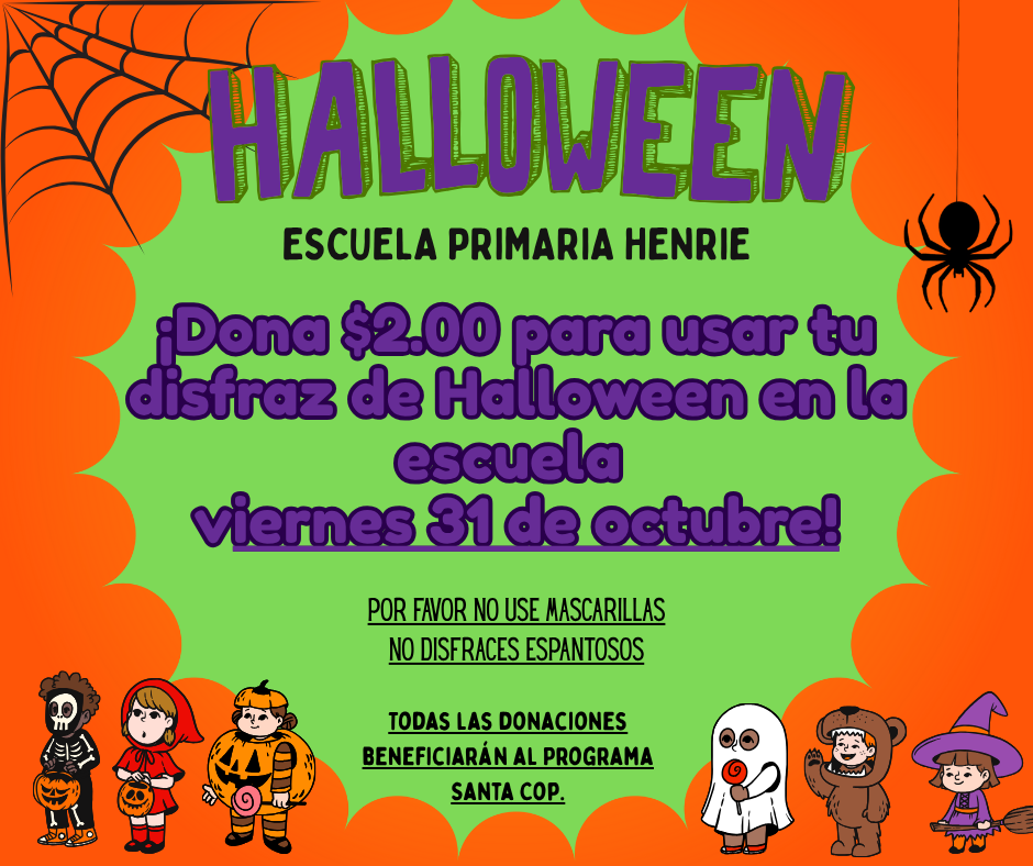A Halloween-themed poster with text in Spanish, featuring cartoon characters.