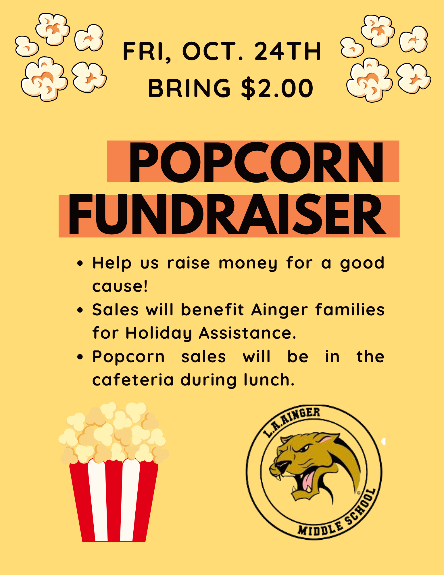 Popcorn fundraiser announcement with text and popcorn graphics on a yellow background.