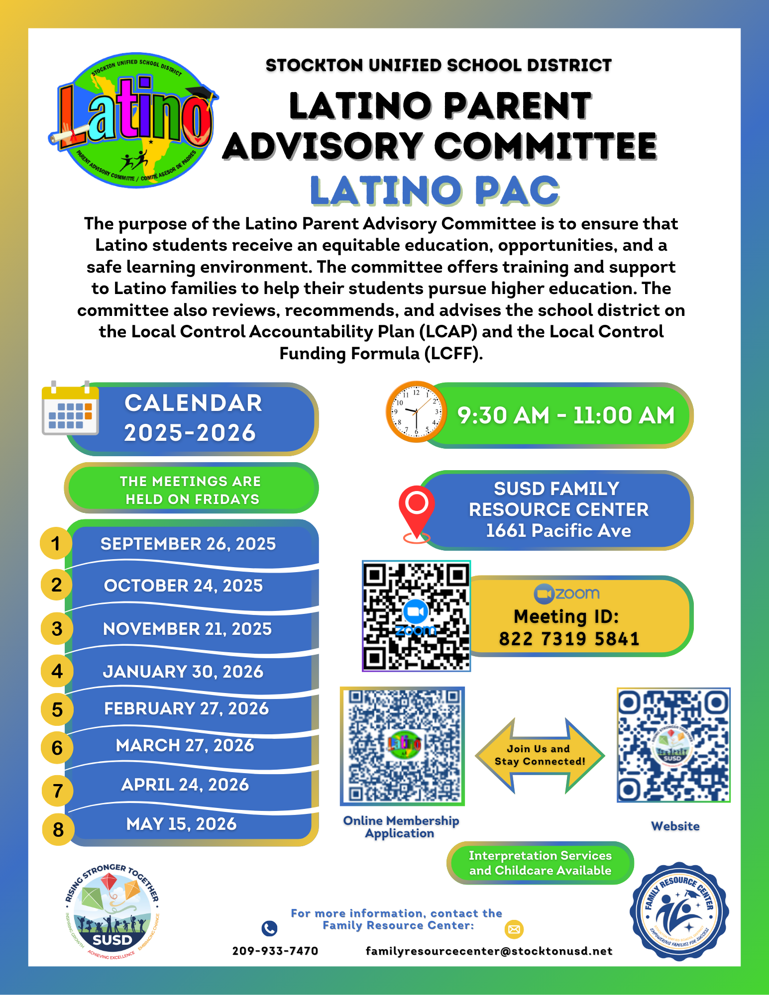 Flyer for the Latino Parent Advisory Committee, with meeting dates and contact information.