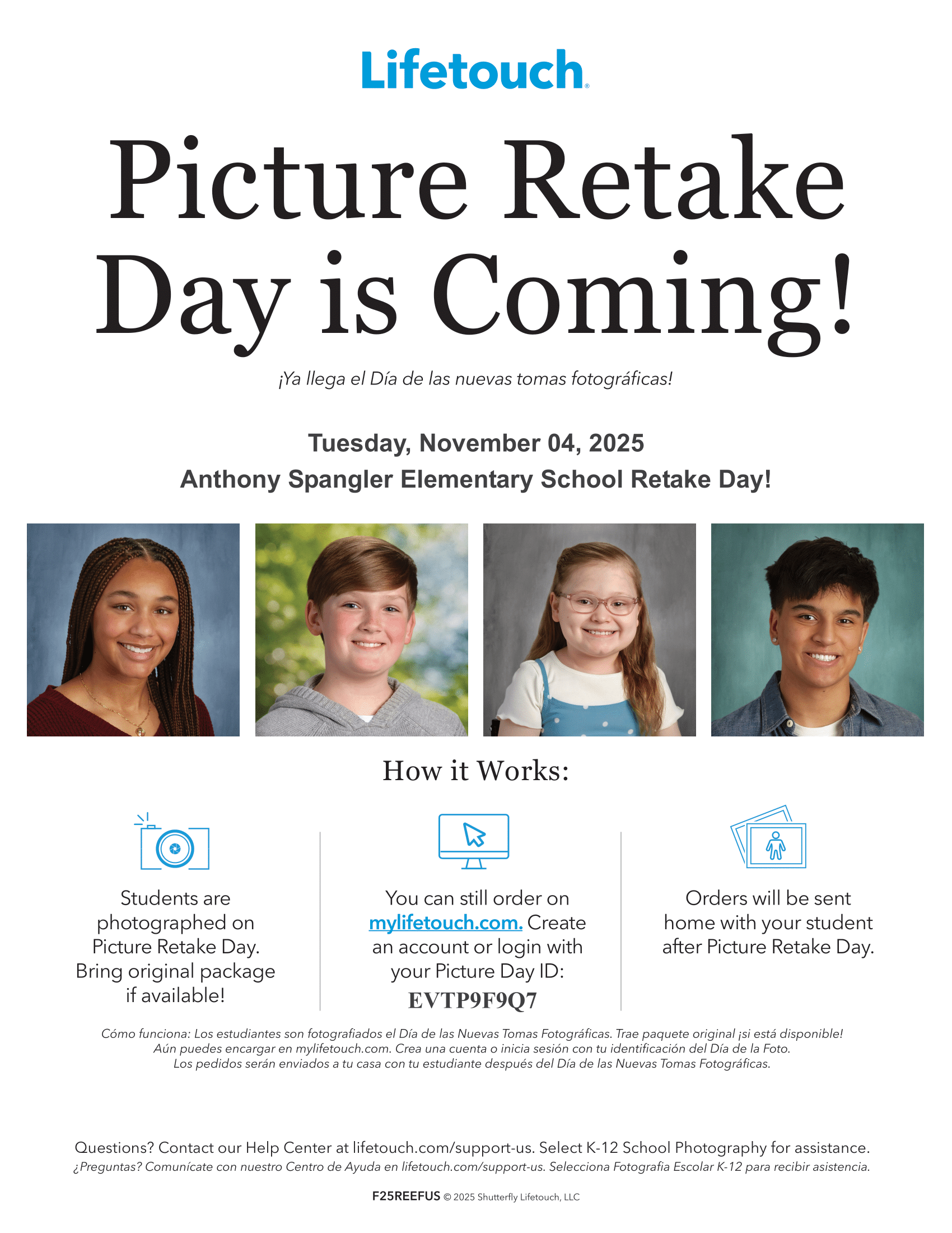 Lifetouch advertisement for Picture Retake Day at Anthony Spangler Elementary School.
