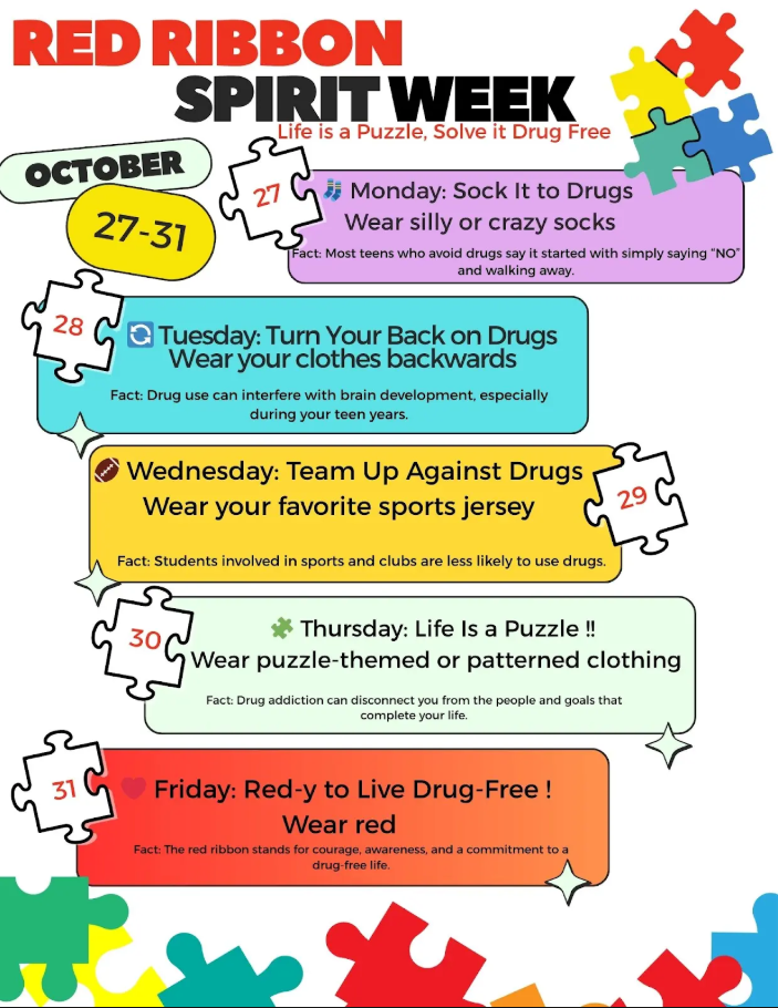 A colorful graphic promoting Red Ribbon Spirit Week, October 27-31.