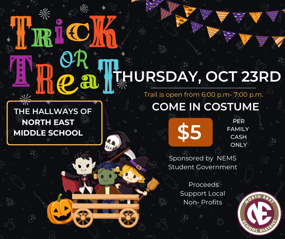Halloween event flyer for North East Middle School, featuring costumed characters.