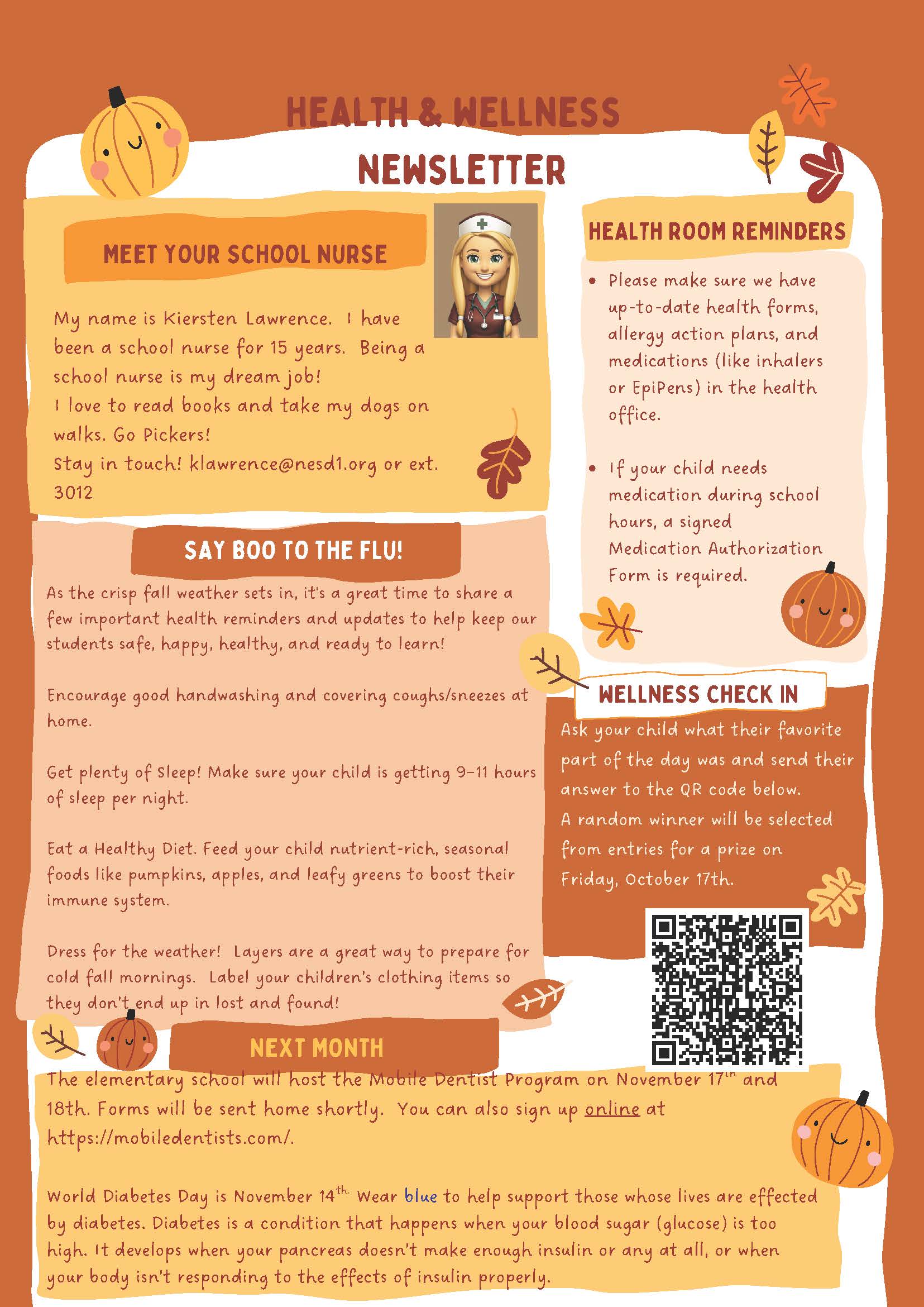 A school health newsletter with fall-themed illustrations and health tips.