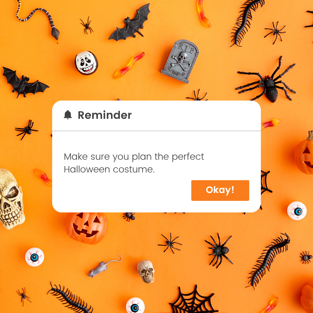 Halloween-themed objects surround a reminder to plan a costume.