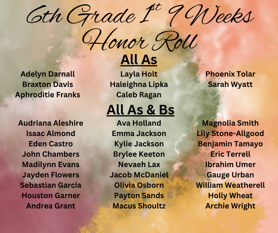 A colorful graphic lists students on the 6th Grade Honor Roll.