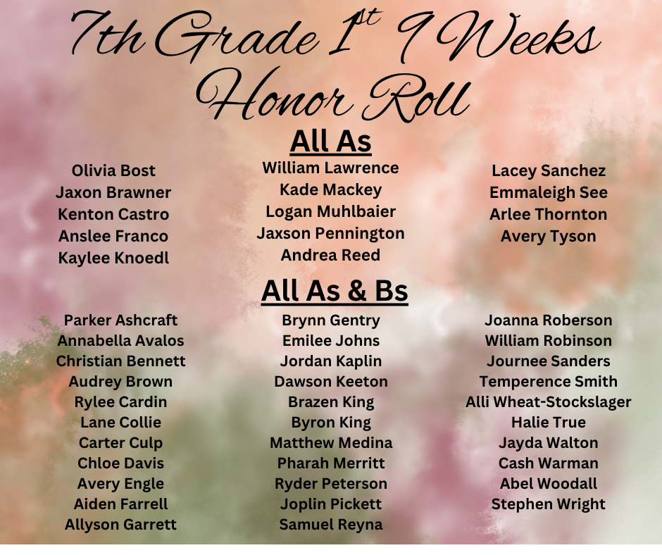 7th Grade Honor Roll for the first nine weeks, listing students' names.