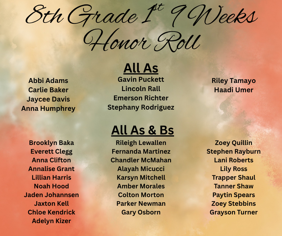 An honor roll list for 8th grade students, with names categorized by grades.