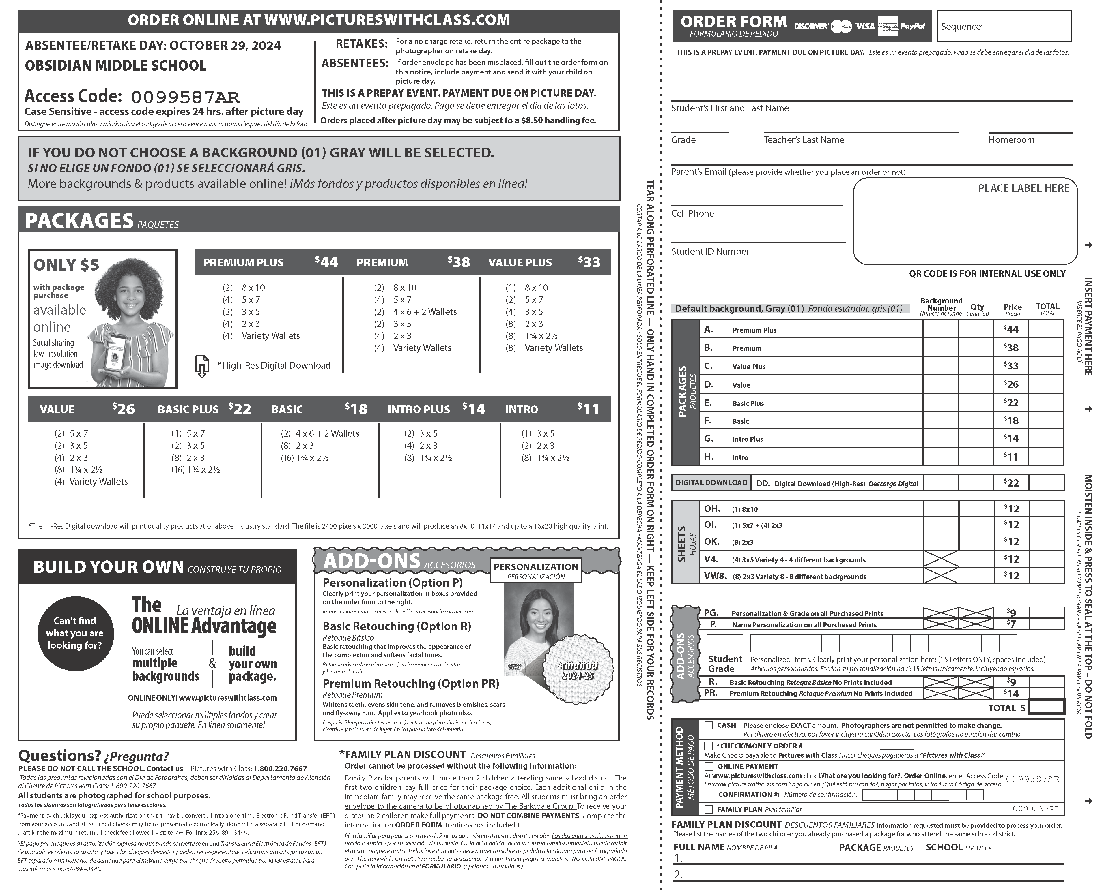 Picture Day Order Sheet