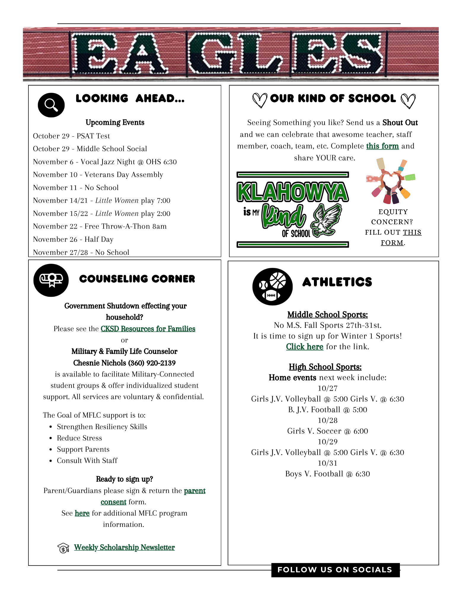 School bulletin board with upcoming events, counseling information, and sports schedules.