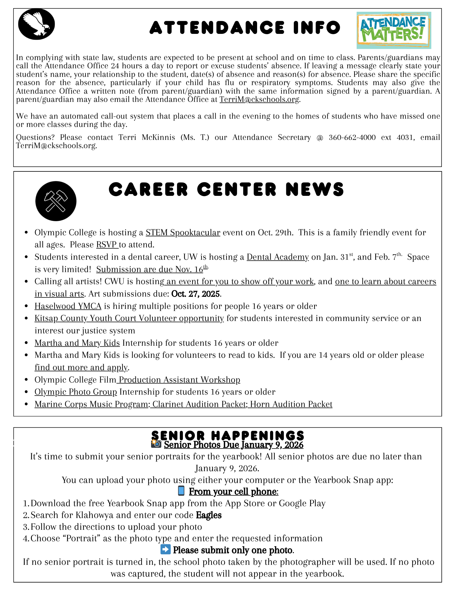 School announcement with information on attendance, career opportunities, and senior photos.