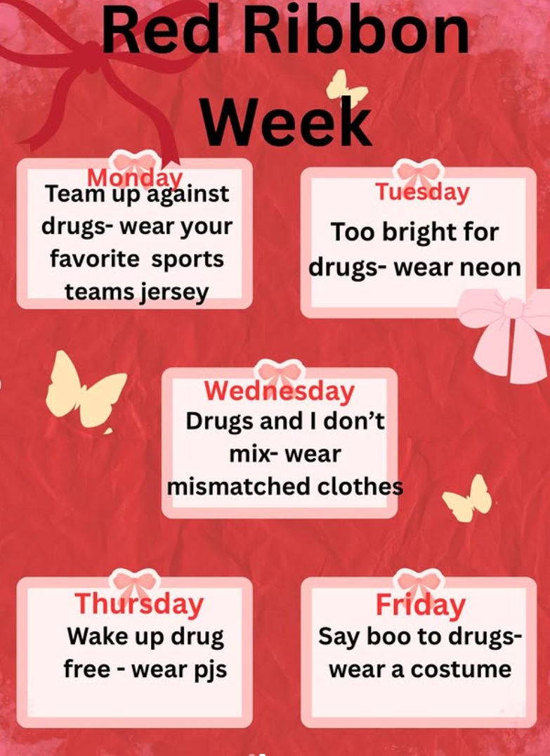 A Red Ribbon Week poster with daily themes and dress-up suggestions.