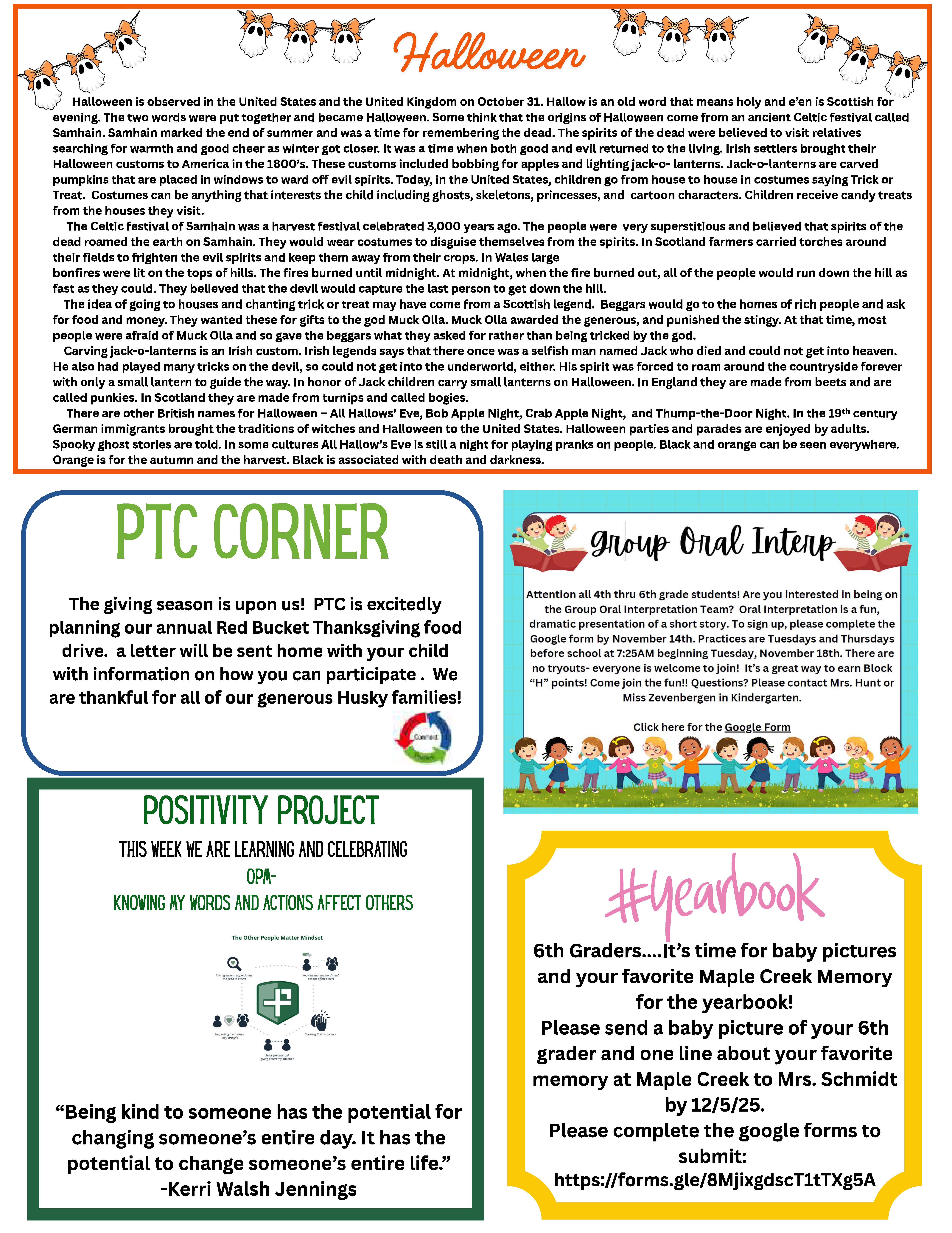 A colorful flyer with Halloween information, a school event, and a yearbook announcement.