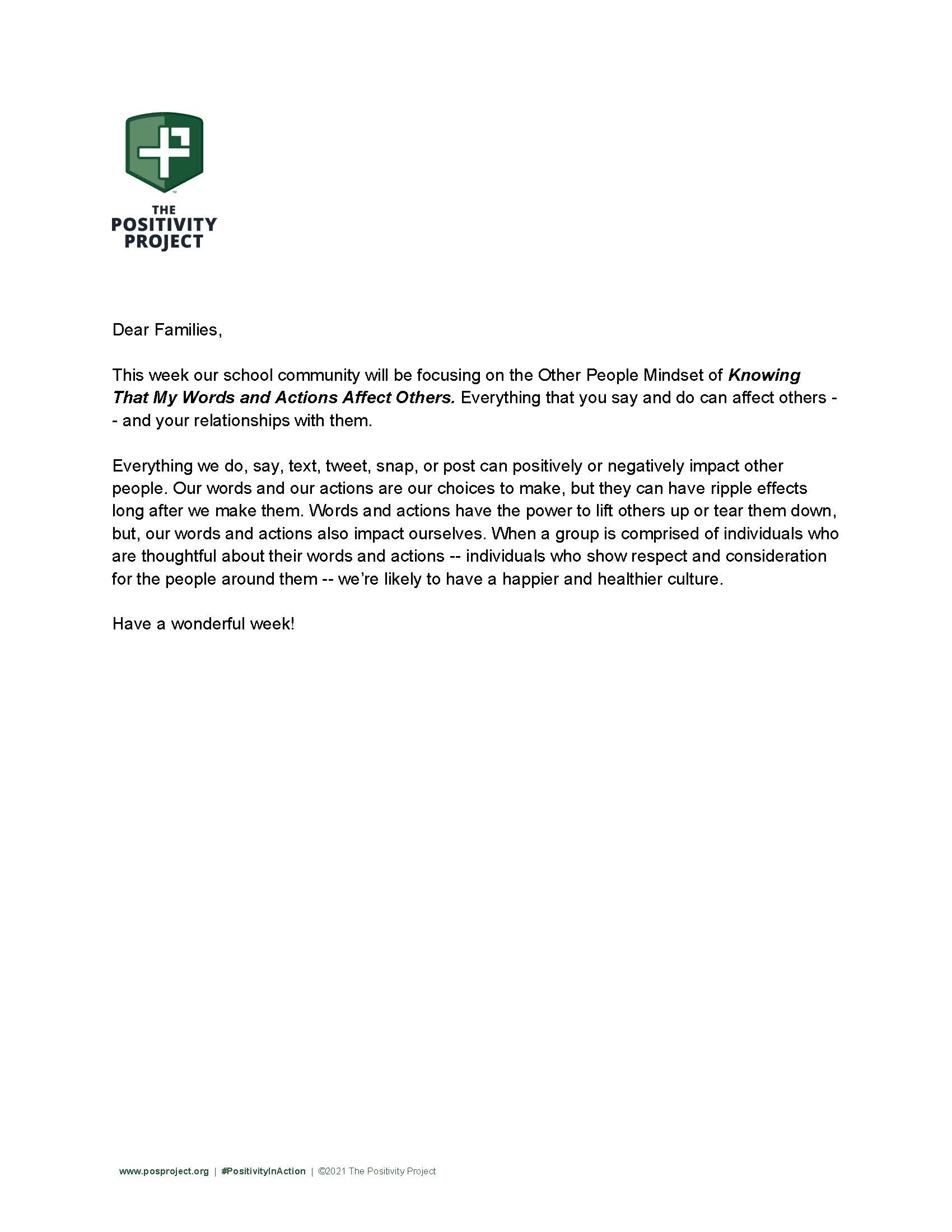 A letter from The Positivity Project discusses the impact of words and actions.