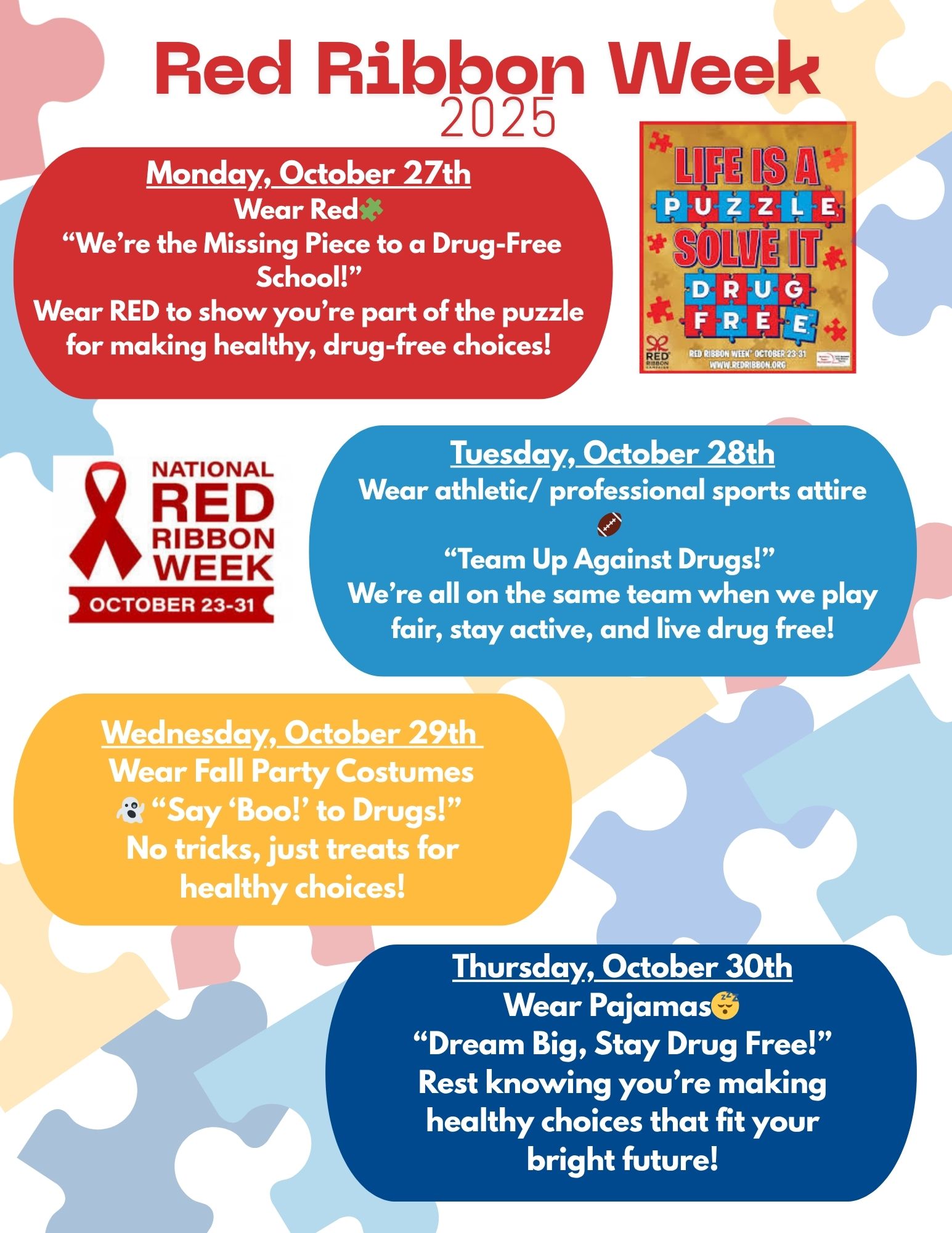 A colorful poster promoting Red Ribbon Week 2025 with daily themes.