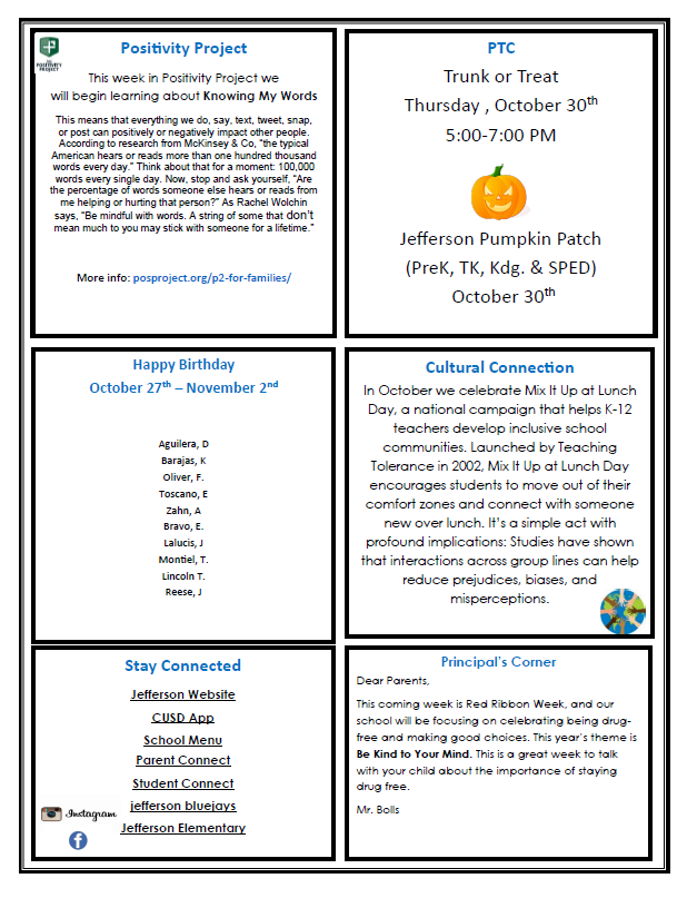 A school flyer with announcements about upcoming events and initiatives.