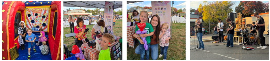 Children play in a colorful inflatable bounce house at an outdoor event.