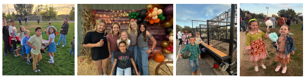 A group of children and adults gather on a grassy field, possibly at an event.