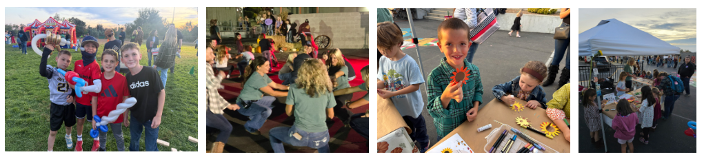 Children pose with balloon animals at an outdoor event.