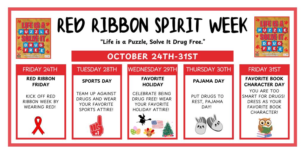A colorful flyer announces Red Ribbon Spirit Week, October 24th-31st.