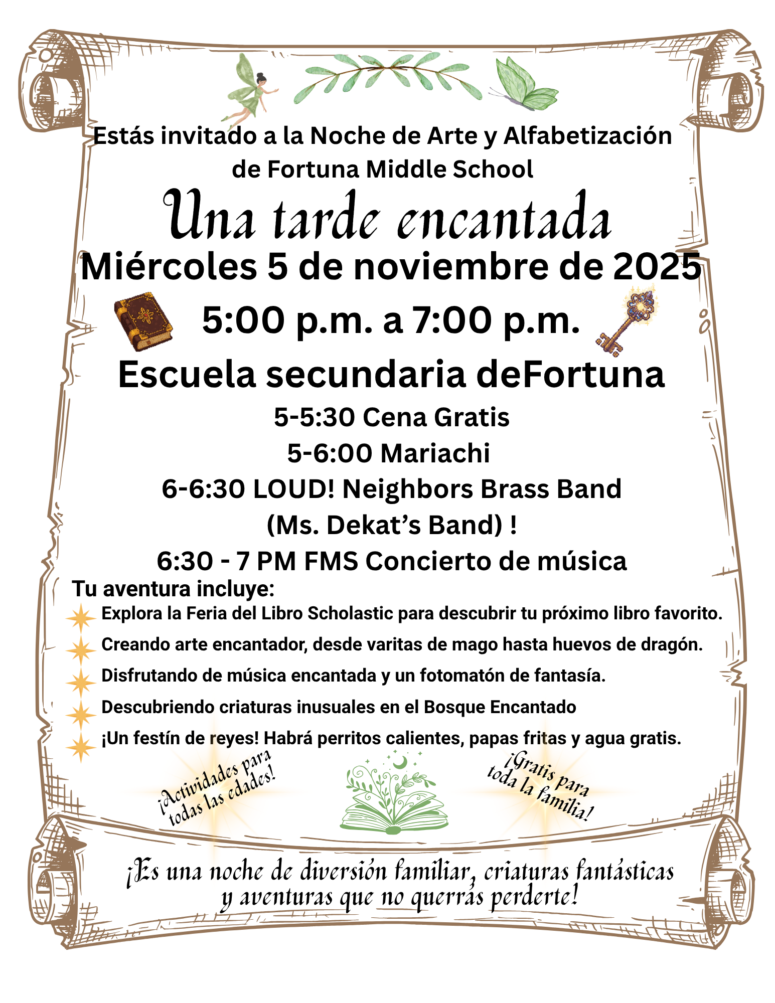 An invitation to a school event, featuring a whimsical design with text in Spanish.