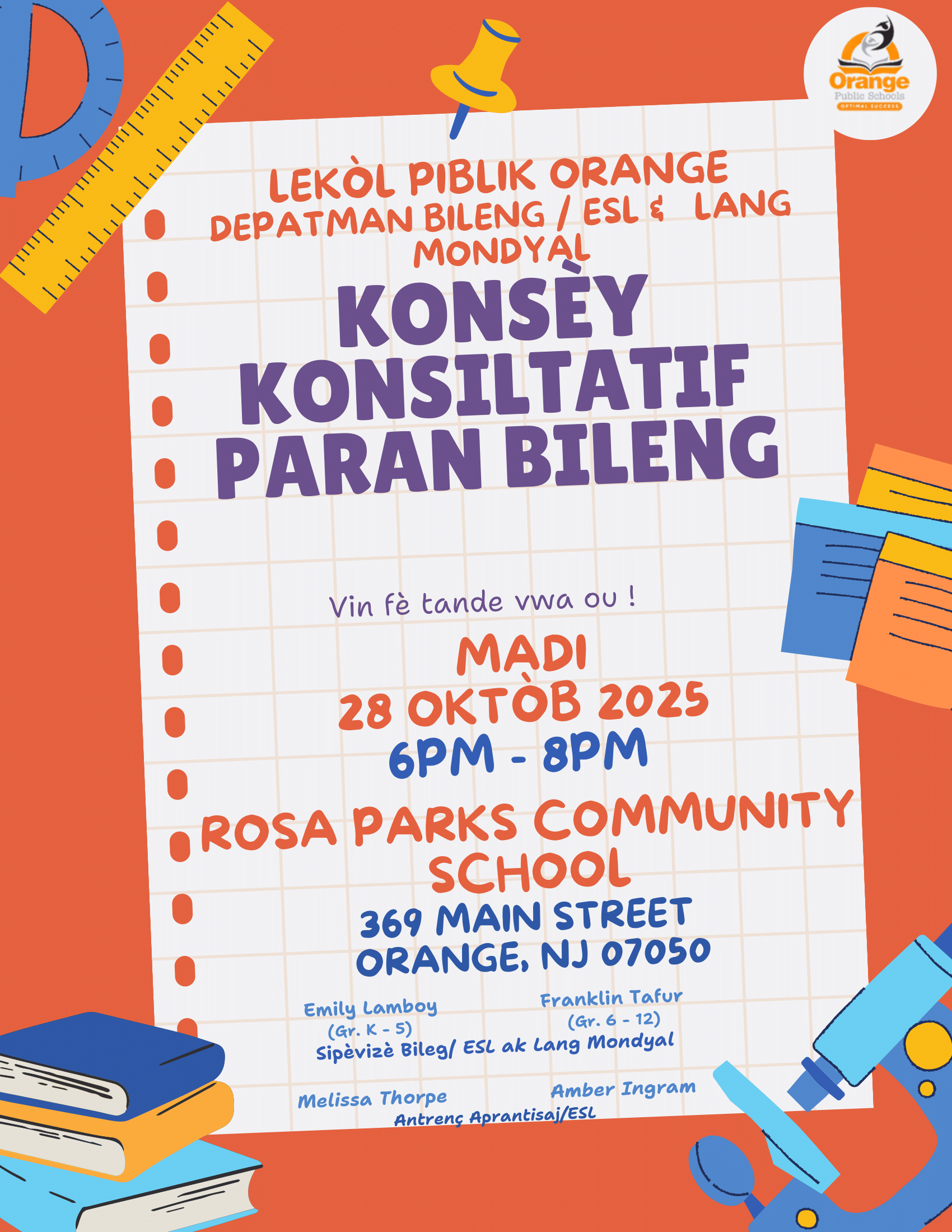 A colorful flyer announces a parent advisory council meeting at Rosa Parks Community School.