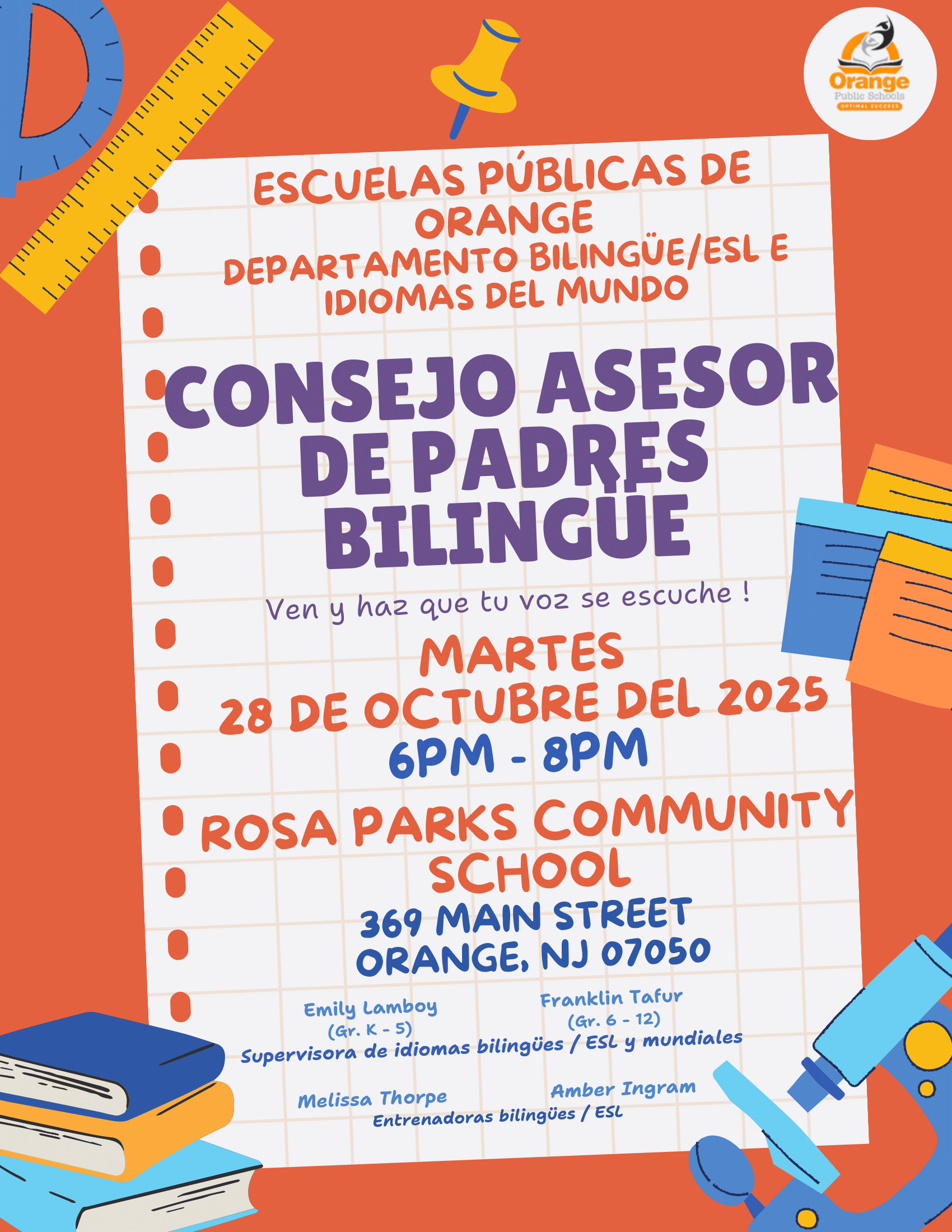 A colorful flyer announces a bilingual parent advisory council meeting in Orange, NJ.