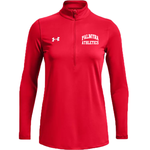 A red athletic long-sleeved shirt with a quarter-zip collar.