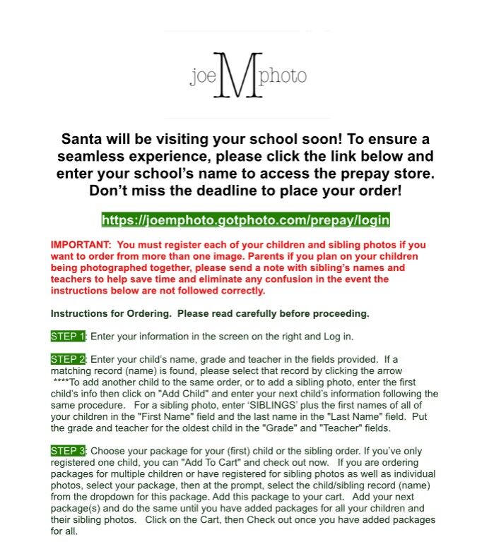 An informational graphic with instructions for ordering school photos.