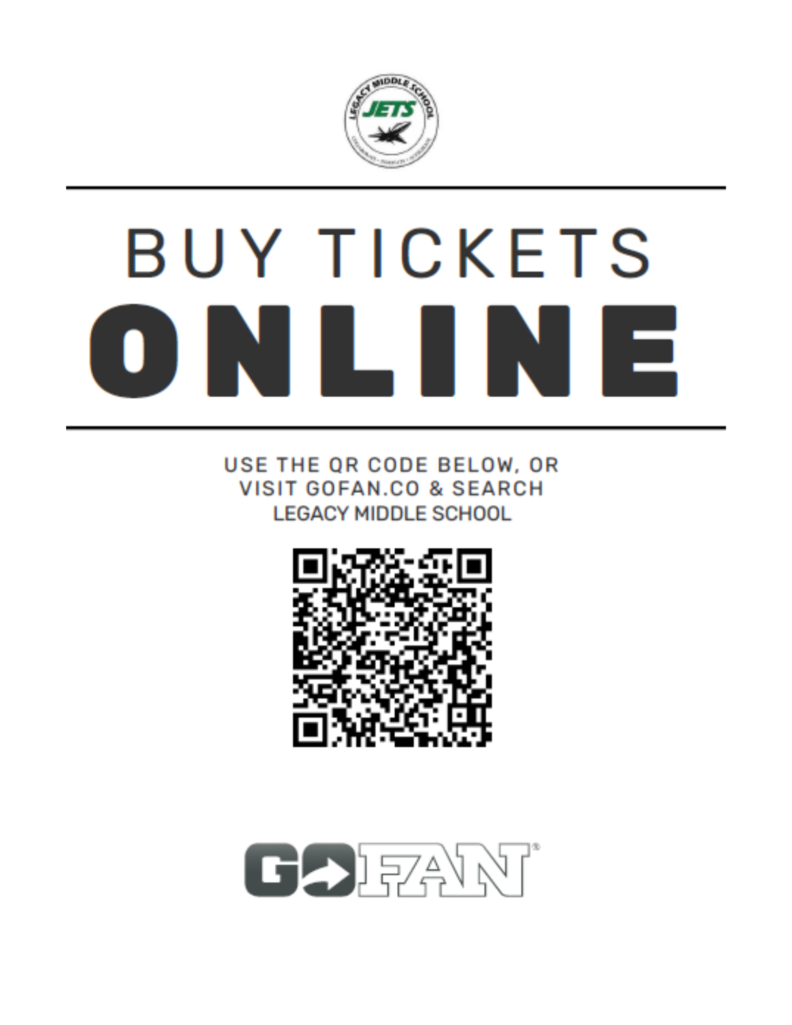A poster encourages online ticket purchases for Legacy Middle School events.