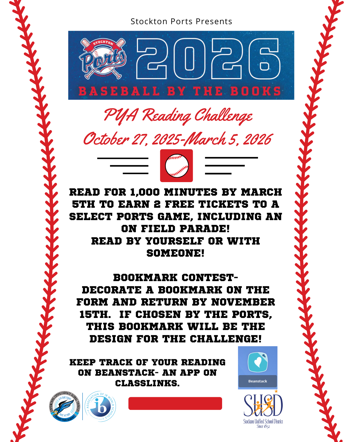 A promotional poster for the Stockton Ports' 2026 Baseball by the Books reading challenge.