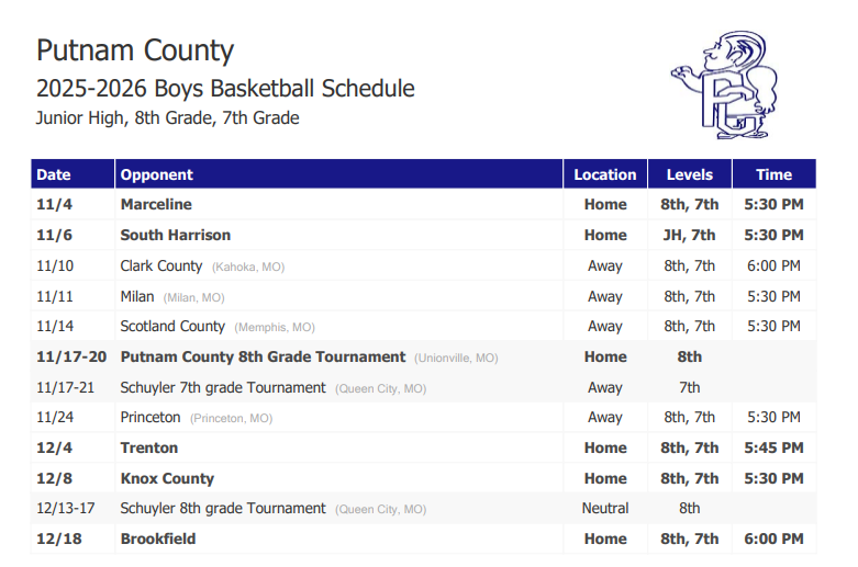 JH Boys basketball schedule (tentative) 2025-26