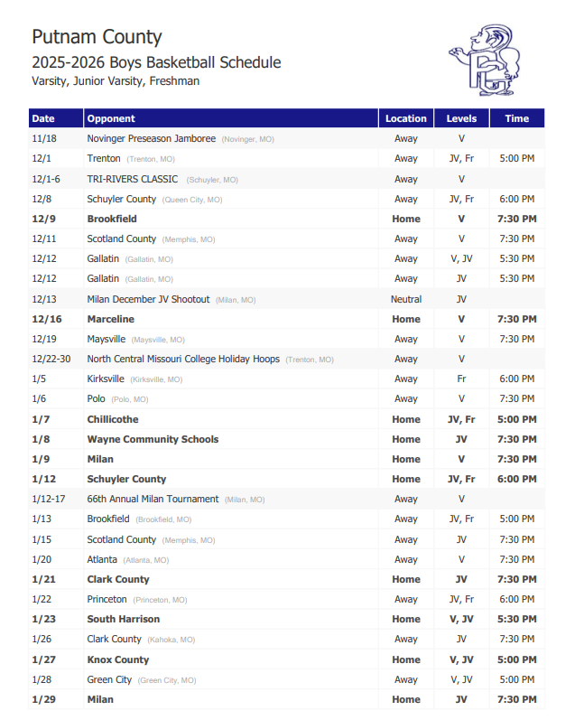 pchs boys basketball 25-26 tentative schedule