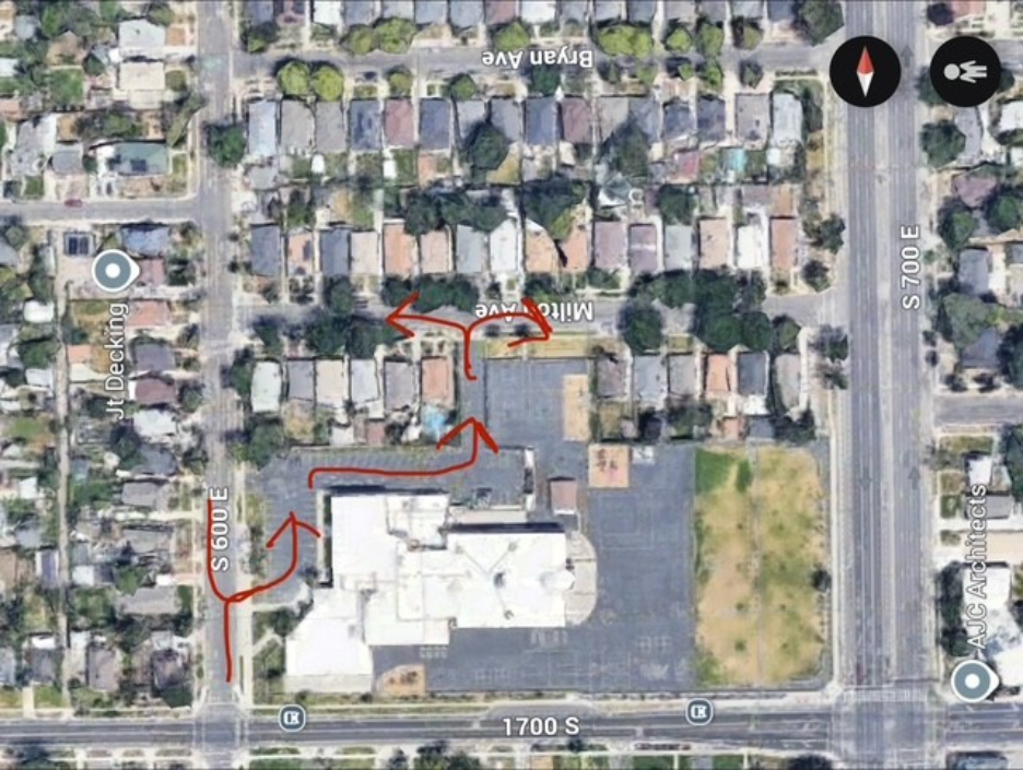 Aerial view of Hawthorne Elementary School campus, showing where cars can enter along 600 East and exit onto Milton Avenue.
