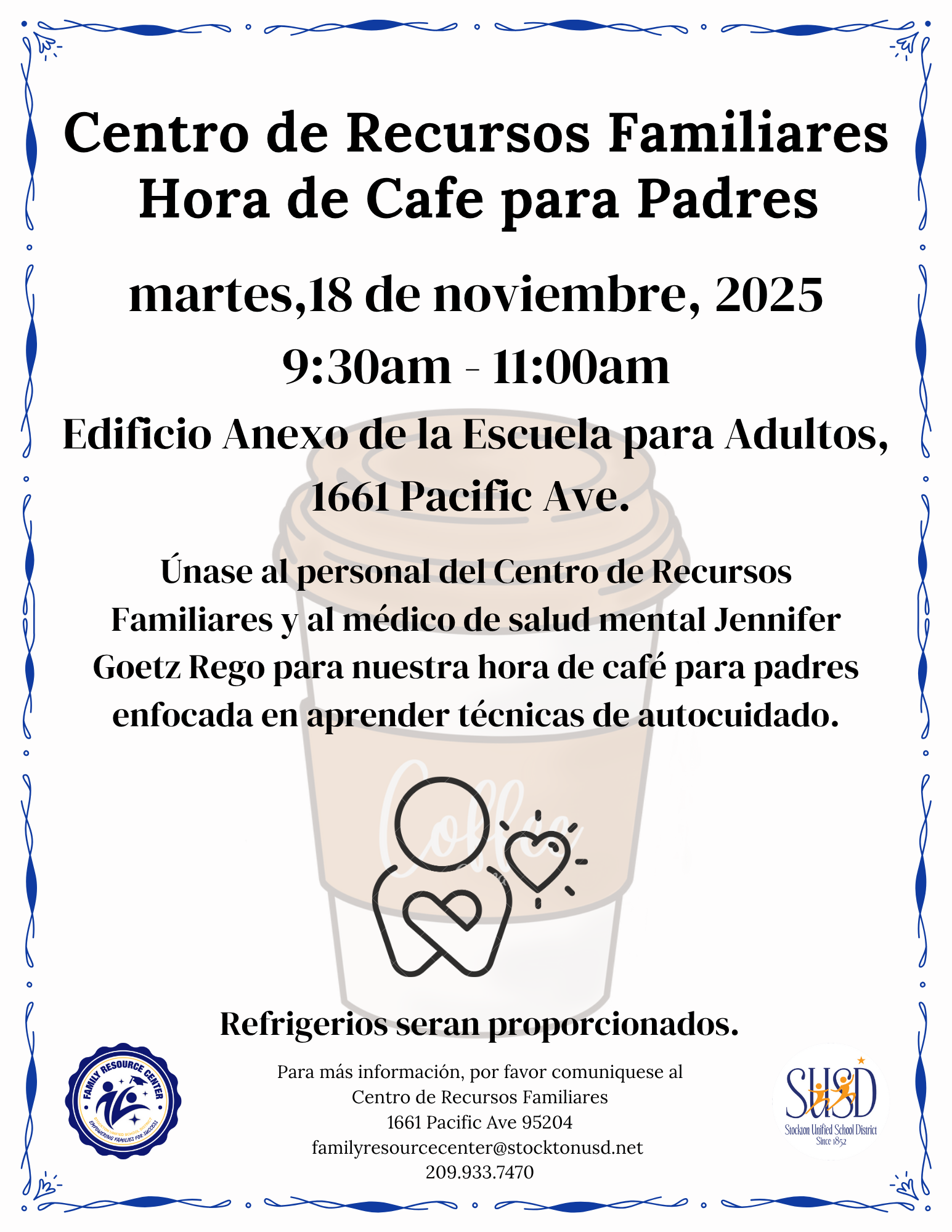 Flyer in Spanish for a parent coffee hour, with a coffee cup graphic.