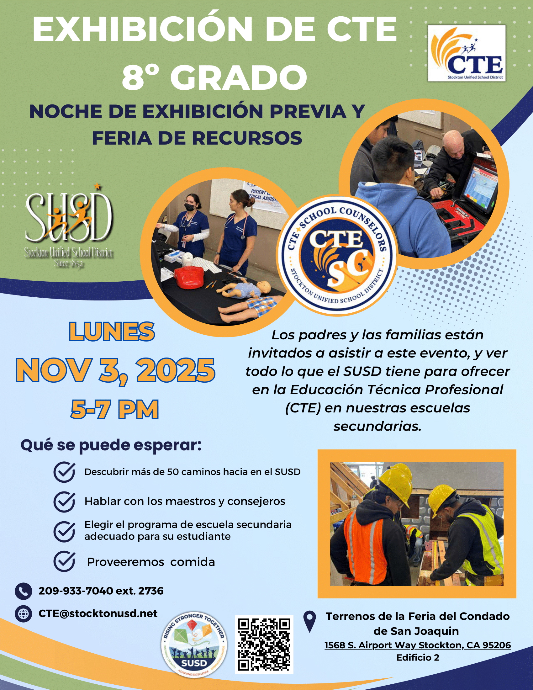 Poster advertising a CTE event for 8th graders, featuring images of students and professionals.