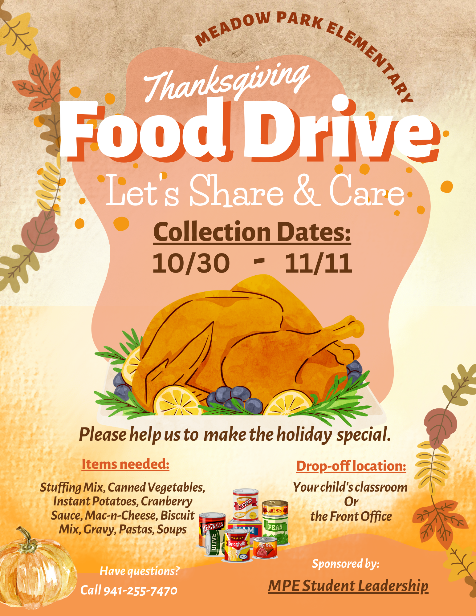 Thanksgiving Food Drive poster with a roasted turkey illustration.