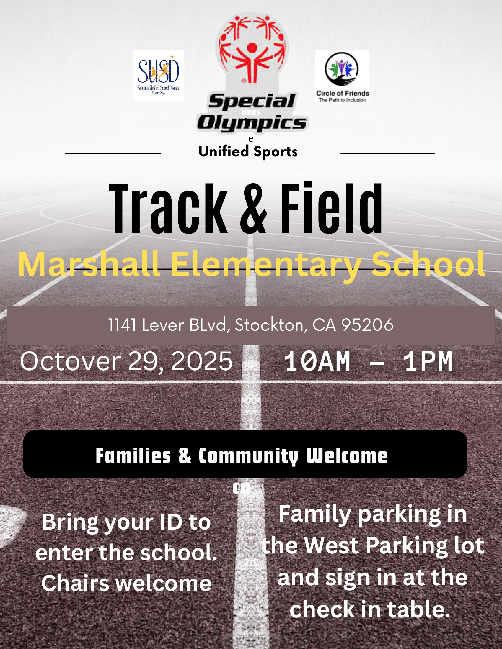 An event flyer for a Track & Field event at Marshall Elementary School.