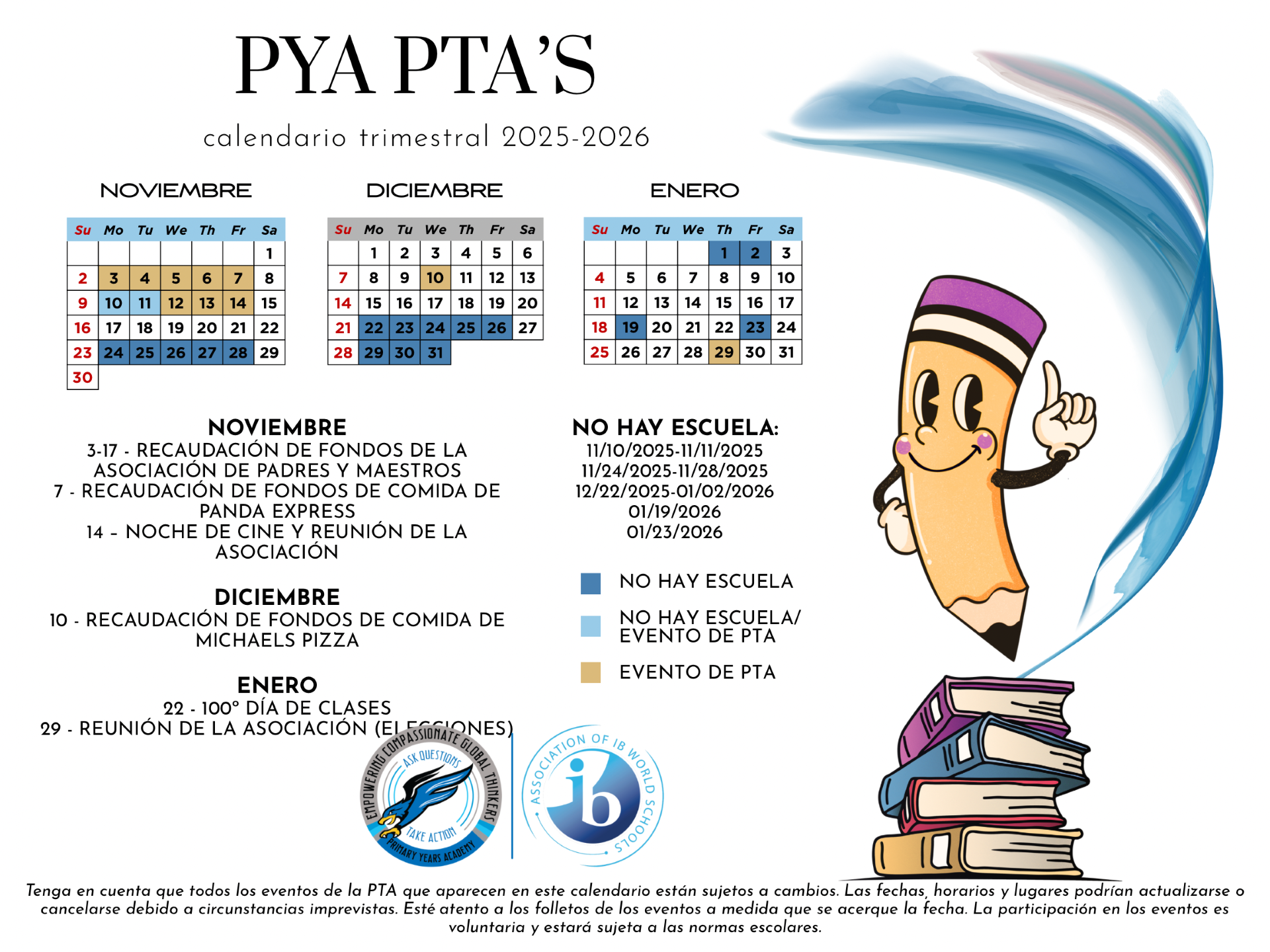 A school calendar for 2025-2026 with monthly schedules and PTA events.
