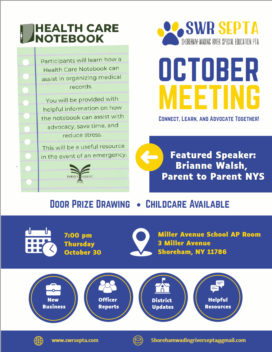 Poster for an October meeting by SWR SEPTA, featuring a speaker on health care notebooks.