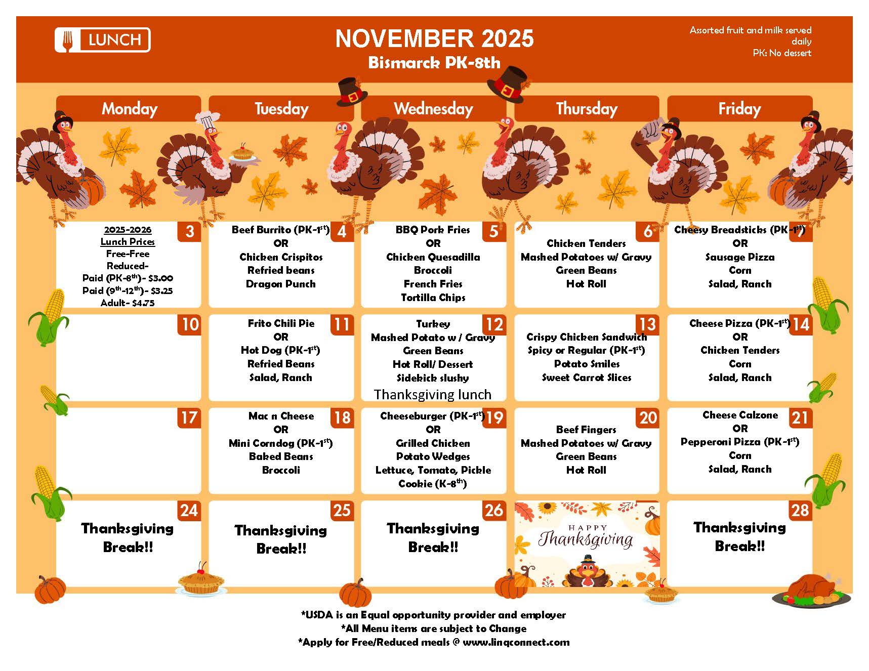 A school lunch menu for November 2025, featuring daily meal options.