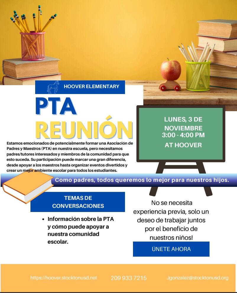A flyer announces a PTA meeting at Hoover Elementary, with details and contact information.