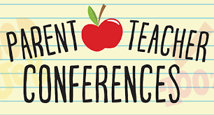 A red apple sits between the words 'Parent' and 'Teacher' in a conference announcement.