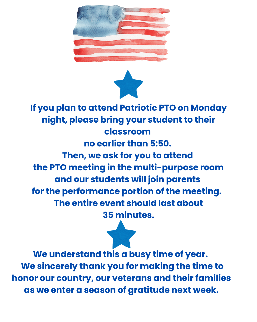 An announcement with an American flag graphic and event details.