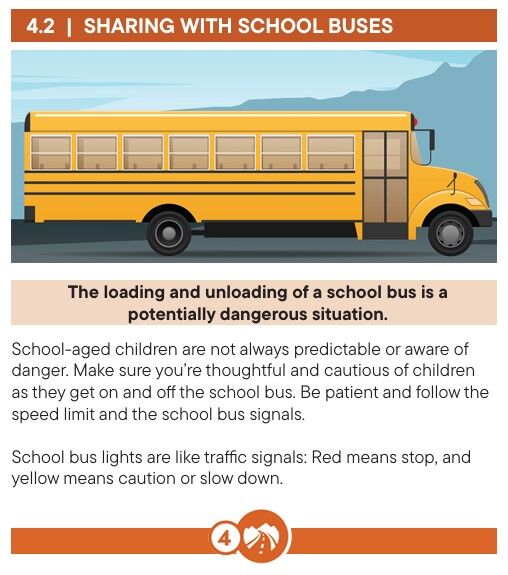 A yellow school bus is shown on a road, with text about safety.