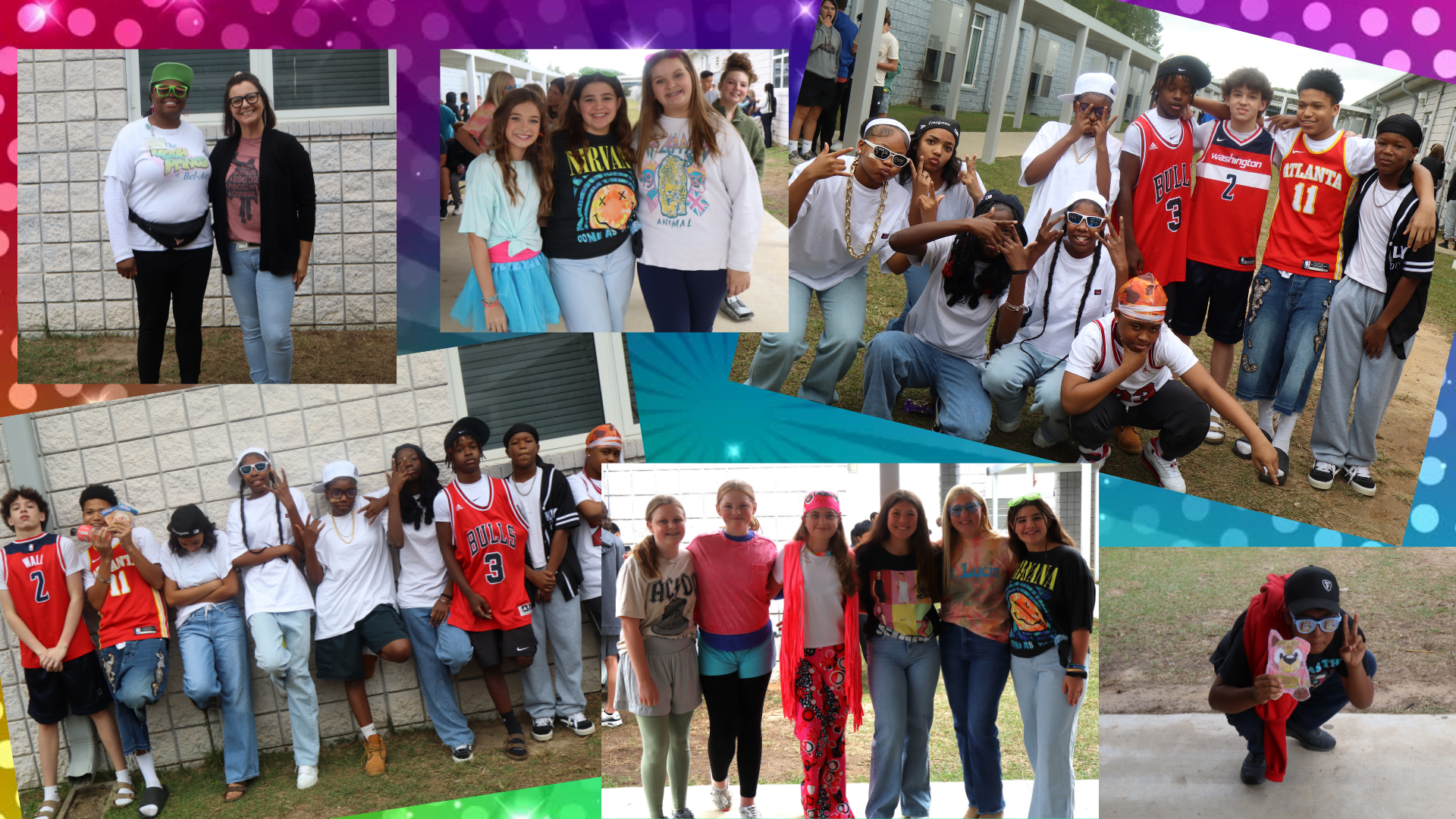 A collage of students and adults posing in various outfits, likely for a themed event.